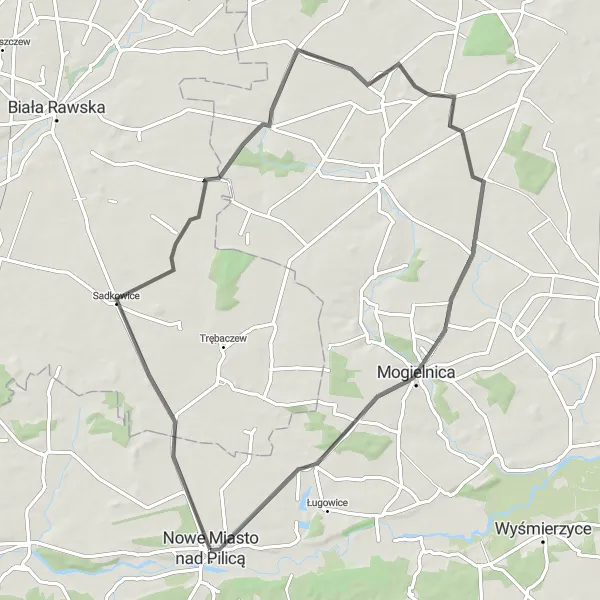 Map miniature of "Scenic Road Tour to Mogielnica" cycling inspiration in Mazowiecki regionalny, Poland. Generated by Tarmacs.app cycling route planner