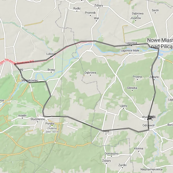 Map miniature of "Countryside Charm: Odrzywół to Nowe Miasto nad Pilicą" cycling inspiration in Mazowiecki regionalny, Poland. Generated by Tarmacs.app cycling route planner