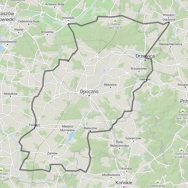 Map miniature of "Discover the Beauty of Paradyż and Sławno" cycling inspiration in Mazowiecki regionalny, Poland. Generated by Tarmacs.app cycling route planner