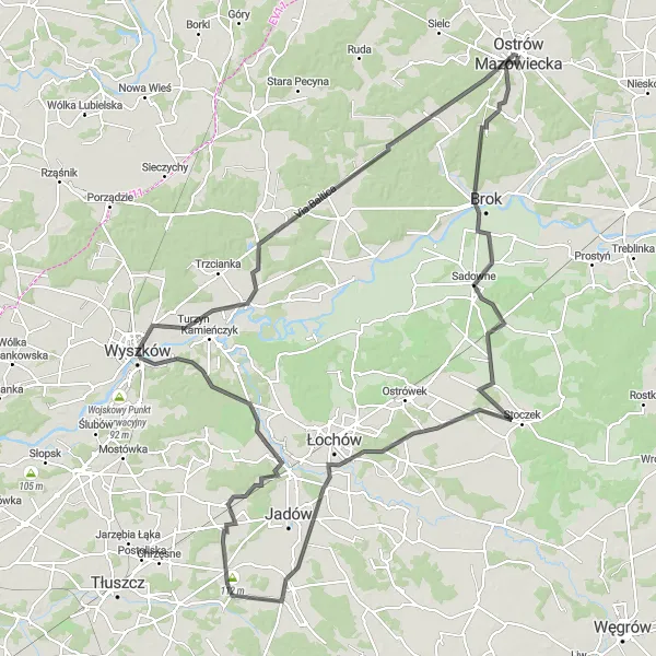 Map miniature of "Mazowiecki Road Adventure" cycling inspiration in Mazowiecki regionalny, Poland. Generated by Tarmacs.app cycling route planner