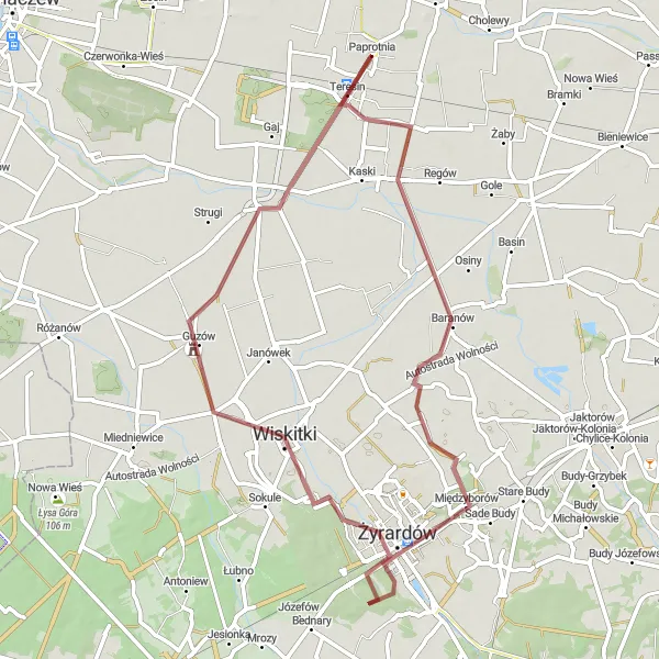 Miniatura mapy "Trasa rowerowa gravel: Paprotnia - Teresin - Wiskitki - Paprotnia" - trasy rowerowej w Mazowiecki regionalny, Poland. Wygenerowane przez planer tras rowerowych Tarmacs.app
