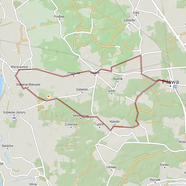 Map miniature of "Gravel route around Pilawa" cycling inspiration in Mazowiecki regionalny, Poland. Generated by Tarmacs.app cycling route planner