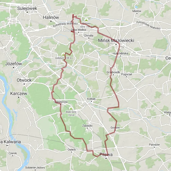 Map miniature of "Pilawa to Gocław Gravel Ride" cycling inspiration in Mazowiecki regionalny, Poland. Generated by Tarmacs.app cycling route planner