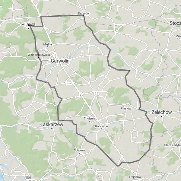 Map miniature of "Road cycling adventure from Pilawa to Sokół" cycling inspiration in Mazowiecki regionalny, Poland. Generated by Tarmacs.app cycling route planner