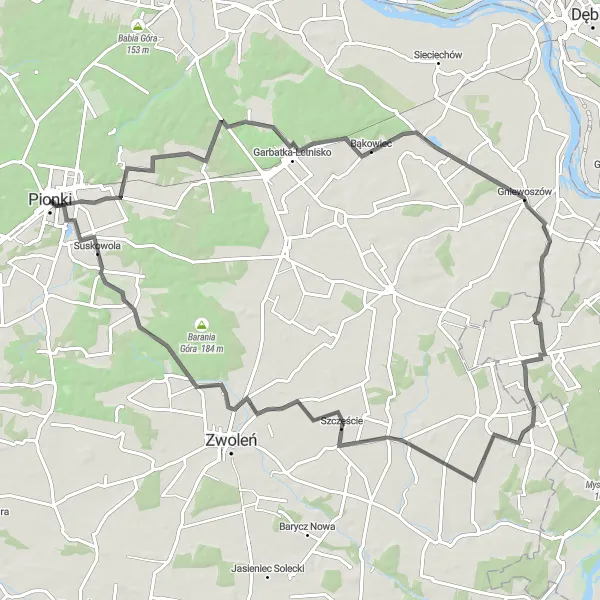 Map miniature of "Gniewoszów Explorer" cycling inspiration in Mazowiecki regionalny, Poland. Generated by Tarmacs.app cycling route planner