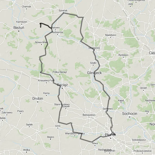 Miniatura mapy "Długa trasa szosowa przez Dzierzążnię, Kiełbowo, Siemiątkowo i Sarbiewo" - trasy rowerowej w Mazowiecki regionalny, Poland. Wygenerowane przez planer tras rowerowych Tarmacs.app