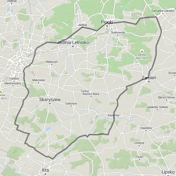 Map miniature of "Mazowiecki Adventure" cycling inspiration in Mazowiecki regionalny, Poland. Generated by Tarmacs.app cycling route planner