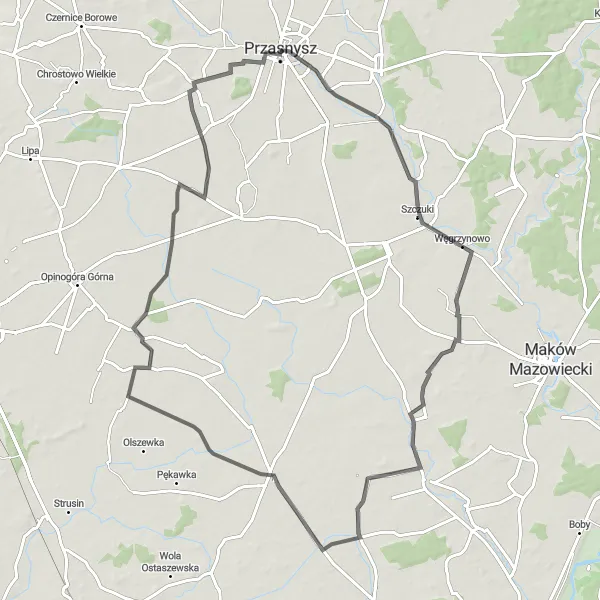 Map miniature of "Historic Villages" cycling inspiration in Mazowiecki regionalny, Poland. Generated by Tarmacs.app cycling route planner