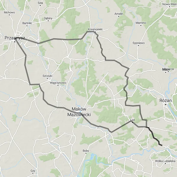 Map miniature of "Mazowiecki Adventure" cycling inspiration in Mazowiecki regionalny, Poland. Generated by Tarmacs.app cycling route planner