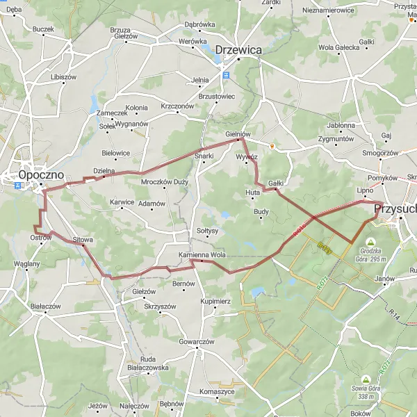 Map miniature of "Thrilling Gravel Loop via Ogonowice and Gałki" cycling inspiration in Mazowiecki regionalny, Poland. Generated by Tarmacs.app cycling route planner