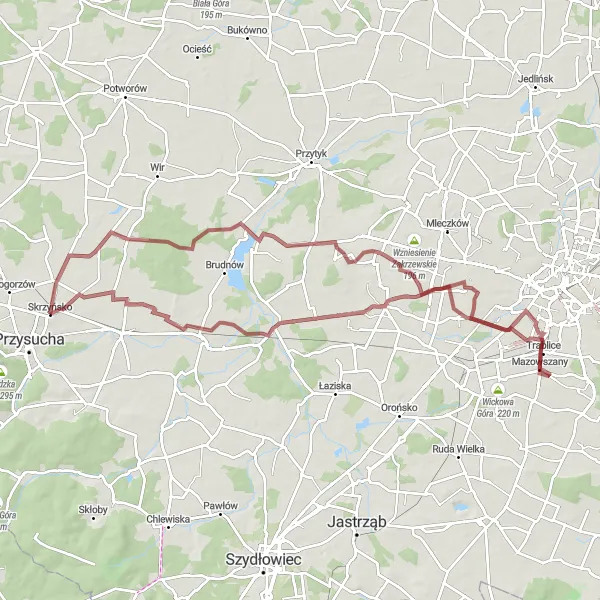 Map miniature of "Gravel Adventure via Wolanów and Jarosławice" cycling inspiration in Mazowiecki regionalny, Poland. Generated by Tarmacs.app cycling route planner