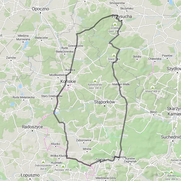 Map miniature of "Przysucha Circuit via Furmanów, Odrowąż, and Góra Bernarda" cycling inspiration in Mazowiecki regionalny, Poland. Generated by Tarmacs.app cycling route planner