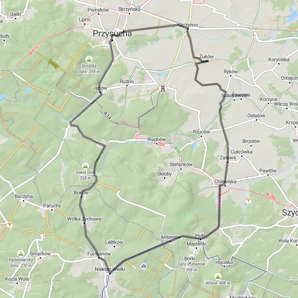 Map miniature of "The Road Less Traveled" cycling inspiration in Mazowiecki regionalny, Poland. Generated by Tarmacs.app cycling route planner