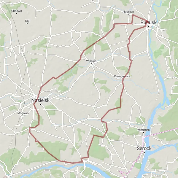 Map miniature of "Dębe and Nasielsk Gravel Journey" cycling inspiration in Mazowiecki regionalny, Poland. Generated by Tarmacs.app cycling route planner