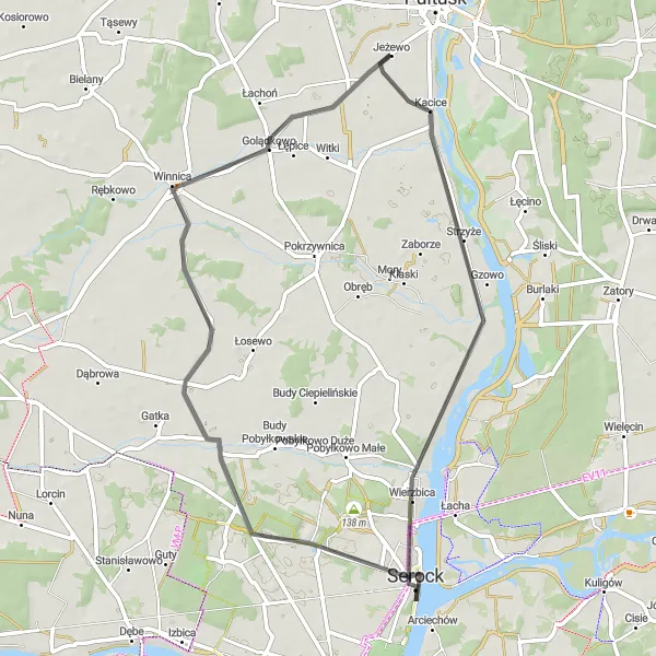 Map miniature of "Serock and Górka Powielińska Loop" cycling inspiration in Mazowiecki regionalny, Poland. Generated by Tarmacs.app cycling route planner