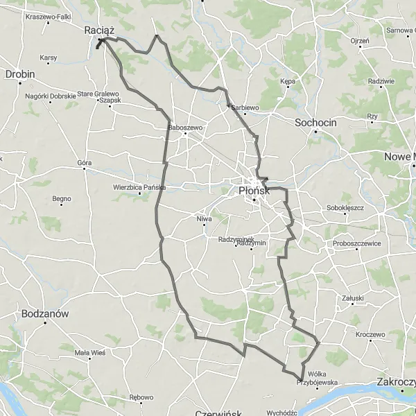 Map miniature of "Cieciórki Loop" cycling inspiration in Mazowiecki regionalny, Poland. Generated by Tarmacs.app cycling route planner