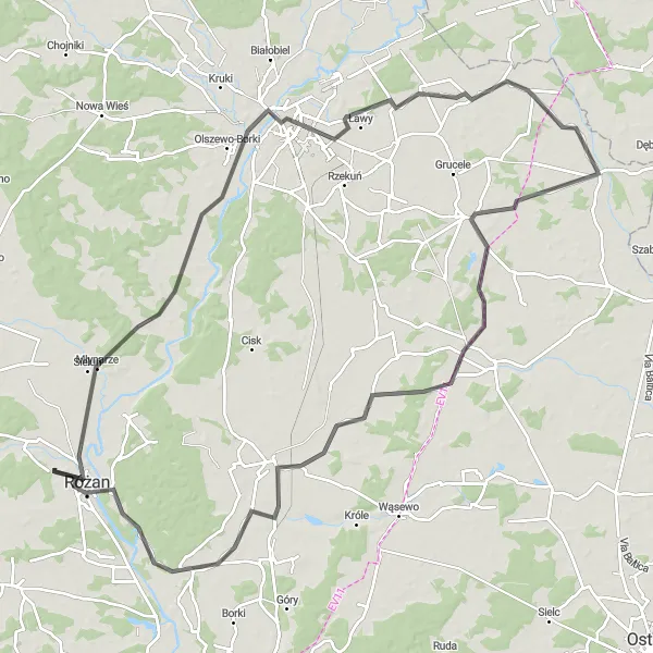 Miniatura mapy "Trasa Różan - Młynarze - Ostrołęka - Troszyn" - trasy rowerowej w Mazowiecki regionalny, Poland. Wygenerowane przez planer tras rowerowych Tarmacs.app