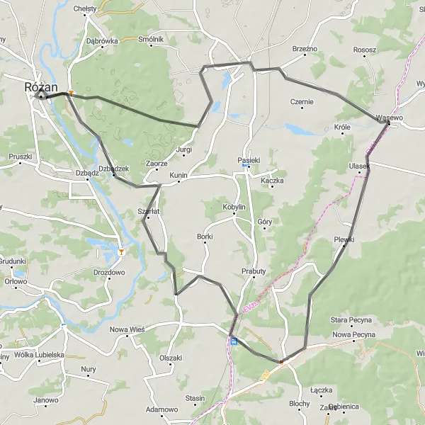 Map miniature of "Goworowo and Różan Loop" cycling inspiration in Mazowiecki regionalny, Poland. Generated by Tarmacs.app cycling route planner