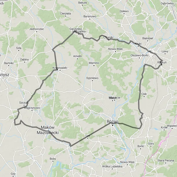 Miniatura mapy "Przez Łaś do Ostrołęki" - trasy rowerowej w Mazowiecki regionalny, Poland. Wygenerowane przez planer tras rowerowych Tarmacs.app