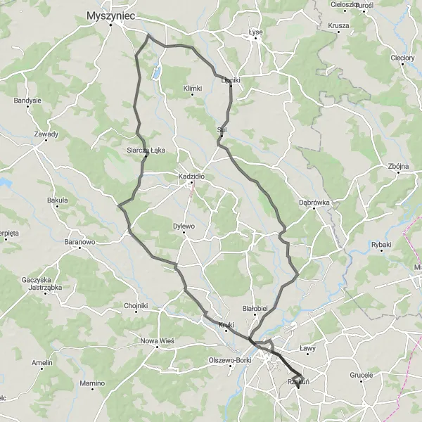 Miniatura mapy "Trasa do Rzekunia i z powrotem" - trasy rowerowej w Mazowiecki regionalny, Poland. Wygenerowane przez planer tras rowerowych Tarmacs.app