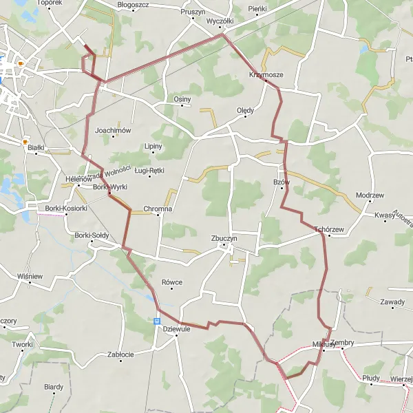Map miniature of "Krzymosze Gravel Loop" cycling inspiration in Mazowiecki regionalny, Poland. Generated by Tarmacs.app cycling route planner