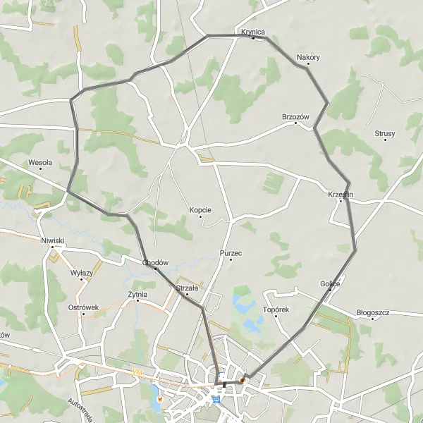 Map miniature of "Krynica Road Route" cycling inspiration in Mazowiecki regionalny, Poland. Generated by Tarmacs.app cycling route planner