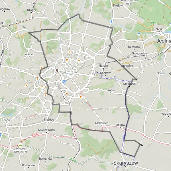 Map miniature of "Skaryszew-Sołtyków-Klwatka Szlachecka-Rajec Szlachecki" cycling inspiration in Mazowiecki regionalny, Poland. Generated by Tarmacs.app cycling route planner