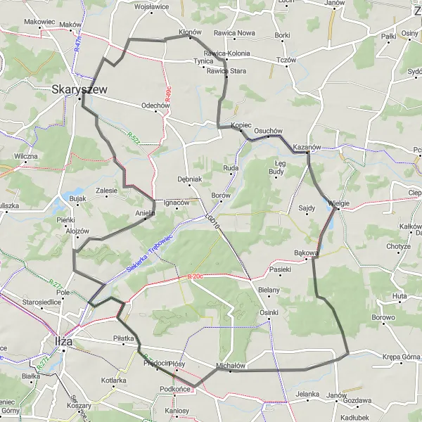 Map miniature of "Rawica Stara Loop" cycling inspiration in Mazowiecki regionalny, Poland. Generated by Tarmacs.app cycling route planner