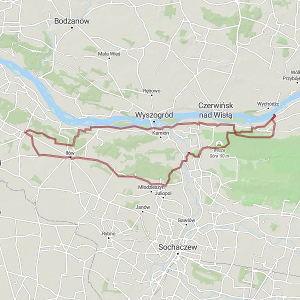 Map miniature of "Wilcze Tułowskie and Nowiny Adventure" cycling inspiration in Mazowiecki regionalny, Poland. Generated by Tarmacs.app cycling route planner