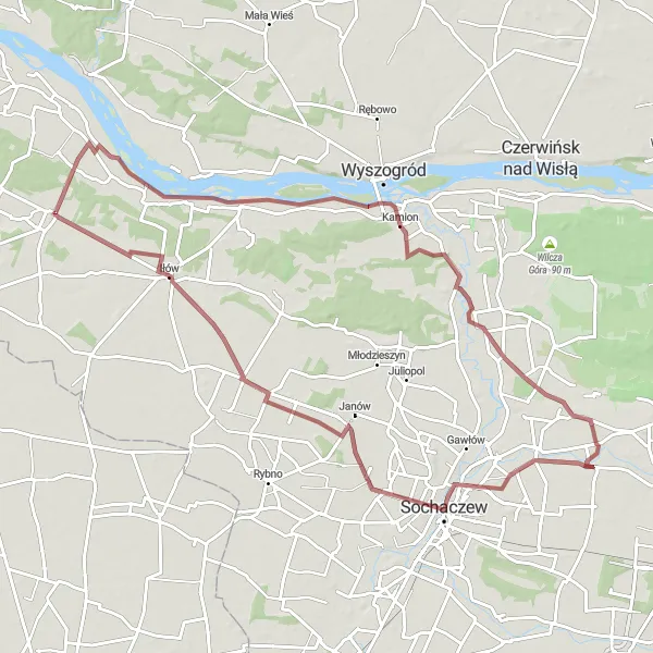 Map miniature of "Kamion to Sarnów Gravel Adventure" cycling inspiration in Mazowiecki regionalny, Poland. Generated by Tarmacs.app cycling route planner