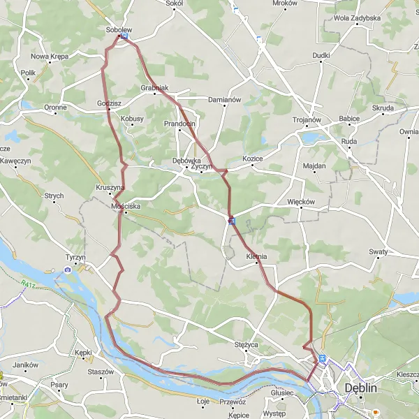 Map miniature of "Sobolew and Nadwiślanka Gravel Route" cycling inspiration in Mazowiecki regionalny, Poland. Generated by Tarmacs.app cycling route planner