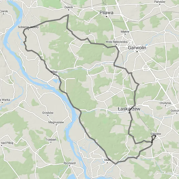 Map miniature of "Sobolew to Nowa Krępa Road Route" cycling inspiration in Mazowiecki regionalny, Poland. Generated by Tarmacs.app cycling route planner