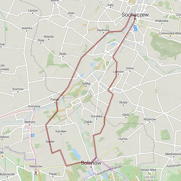 Map miniature of "Sochaczew Gravel Delight" cycling inspiration in Mazowiecki regionalny, Poland. Generated by Tarmacs.app cycling route planner