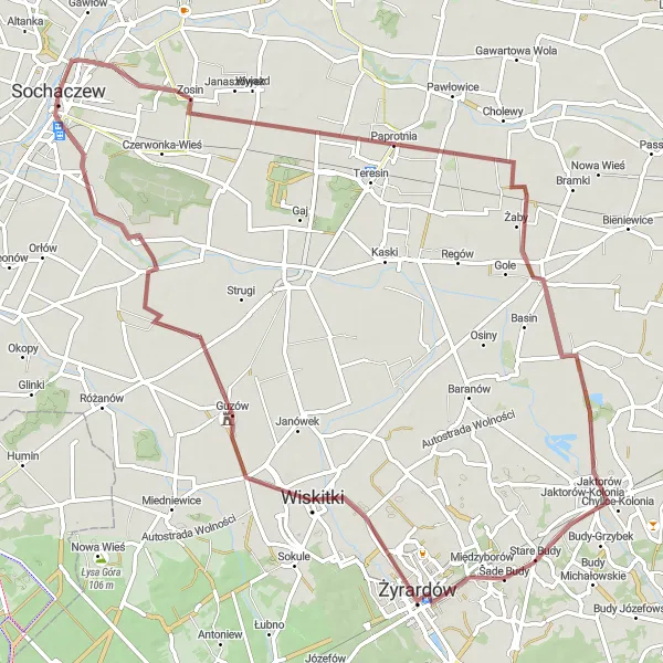 Map miniature of "Gravel Paradise: Sochaczew to Guzów" cycling inspiration in Mazowiecki regionalny, Poland. Generated by Tarmacs.app cycling route planner