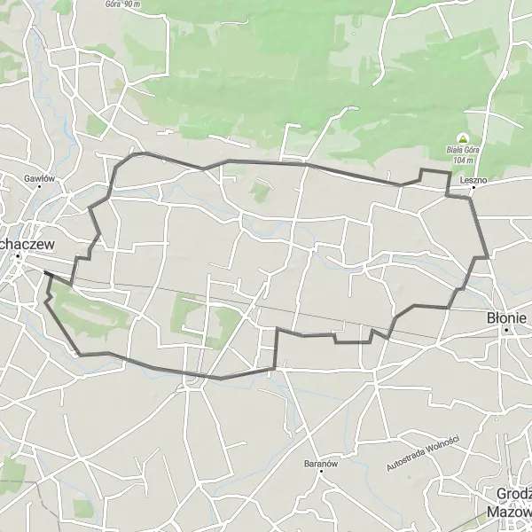 Map miniature of "Journey to Żelazowa Wola" cycling inspiration in Mazowiecki regionalny, Poland. Generated by Tarmacs.app cycling route planner