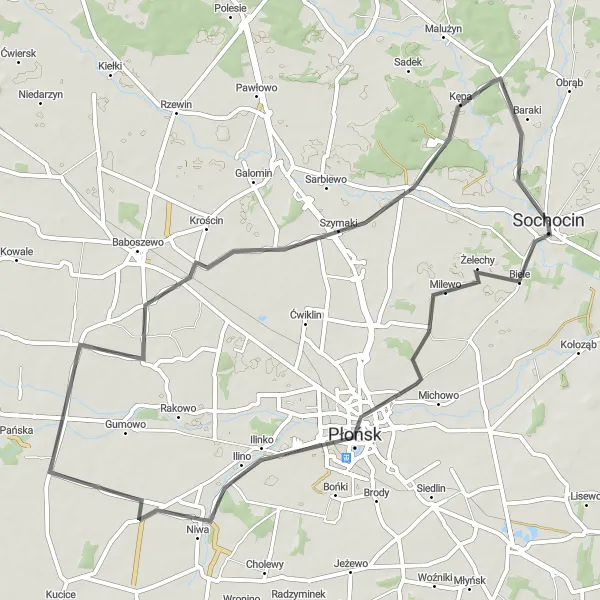 Map miniature of "The Płońsk Adventure" cycling inspiration in Mazowiecki regionalny, Poland. Generated by Tarmacs.app cycling route planner