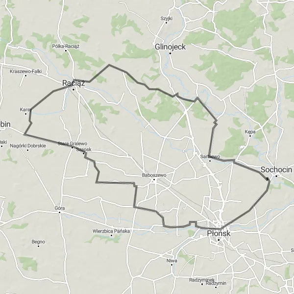 Map miniature of "The Raciąż Discovery" cycling inspiration in Mazowiecki regionalny, Poland. Generated by Tarmacs.app cycling route planner