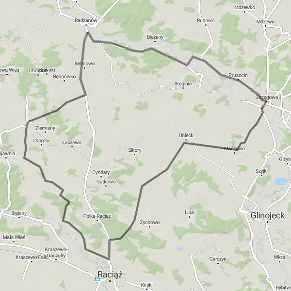 Miniatura mapy "Przejażdżka z Budy Kraszewskie do Strzegowa" - trasy rowerowej w Mazowiecki regionalny, Poland. Wygenerowane przez planer tras rowerowych Tarmacs.app