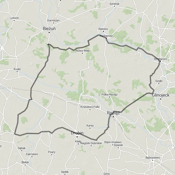 Map miniature of "Nowe Młodochowo - Strzegowo Loop" cycling inspiration in Mazowiecki regionalny, Poland. Generated by Tarmacs.app cycling route planner