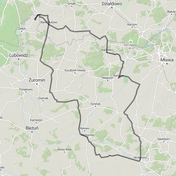 Map miniature of "Rumoka - Strzegowo Loop" cycling inspiration in Mazowiecki regionalny, Poland. Generated by Tarmacs.app cycling route planner