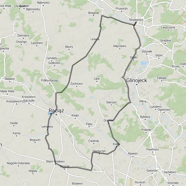 Map miniature of "Unierzyż - Strzegowo Loop" cycling inspiration in Mazowiecki regionalny, Poland. Generated by Tarmacs.app cycling route planner