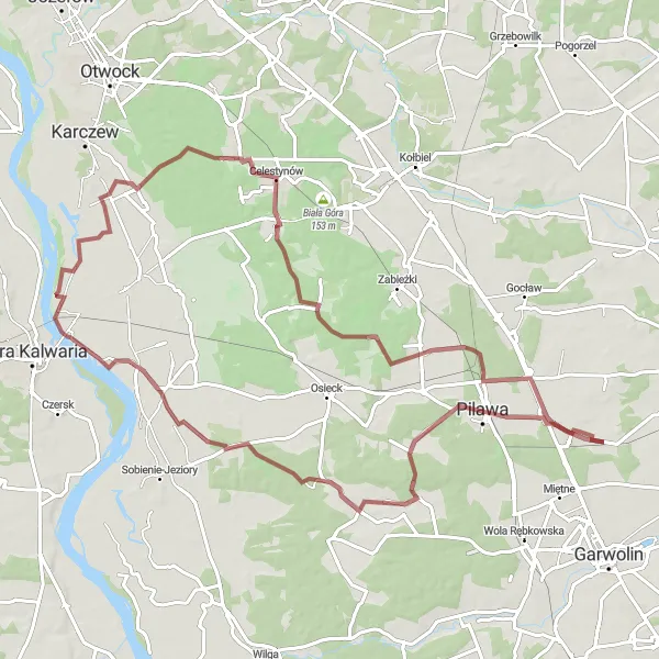 Map miniature of "Pilawa to Dąbrowiecka Góra Gravel Adventure" cycling inspiration in Mazowiecki regionalny, Poland. Generated by Tarmacs.app cycling route planner