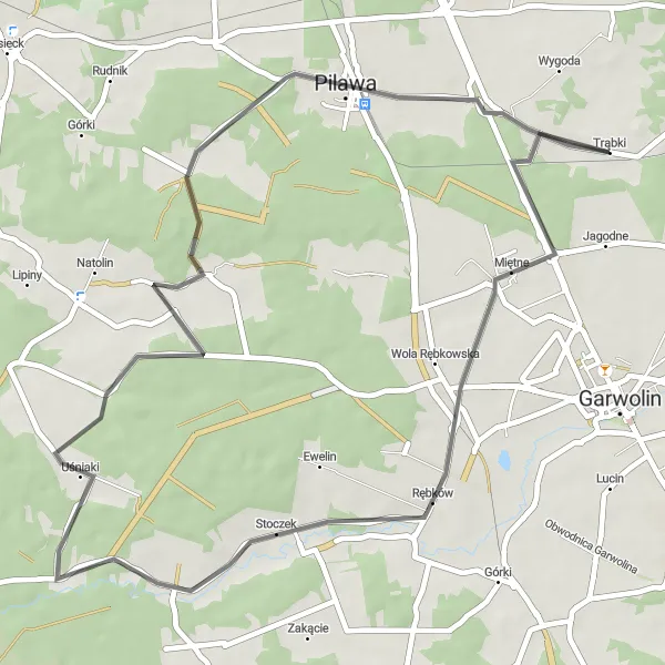 Map miniature of "Rębków and Trzcianka Circuit" cycling inspiration in Mazowiecki regionalny, Poland. Generated by Tarmacs.app cycling route planner