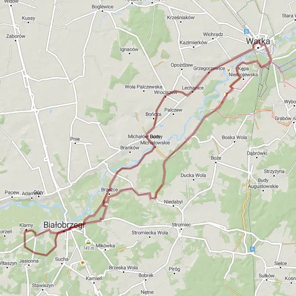 Map miniature of "Gravel Route from Warka to Biała Góra" cycling inspiration in Mazowiecki regionalny, Poland. Generated by Tarmacs.app cycling route planner