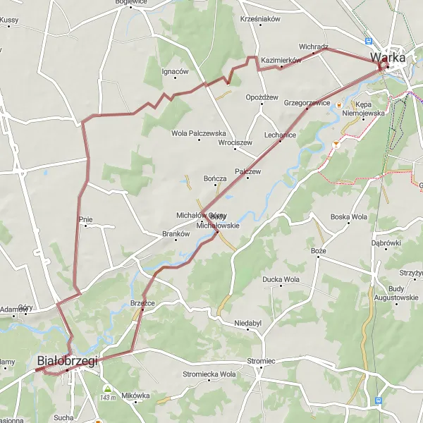 Map miniature of "Budy Michałowskie, Brzeźce, Marynin, and Wóz Strażacki "Kaśka" Gravel Route" cycling inspiration in Mazowiecki regionalny, Poland. Generated by Tarmacs.app cycling route planner
