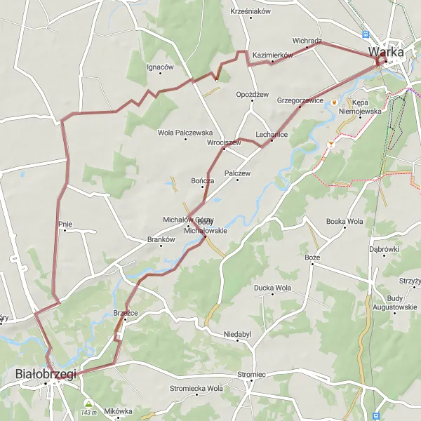 Map miniature of "Budy Michałowskie, Promna, Marynin, and Wóz Strażacki "Kaśka" Gravel Route" cycling inspiration in Mazowiecki regionalny, Poland. Generated by Tarmacs.app cycling route planner