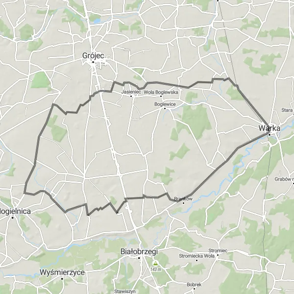 Map miniature of "Pnie, Stara Wieś, Olszany, and Michalczew Road Route" cycling inspiration in Mazowiecki regionalny, Poland. Generated by Tarmacs.app cycling route planner