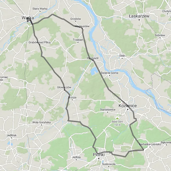 Map miniature of "Road Route from Warka to Grabów nad Pilicą" cycling inspiration in Mazowiecki regionalny, Poland. Generated by Tarmacs.app cycling route planner