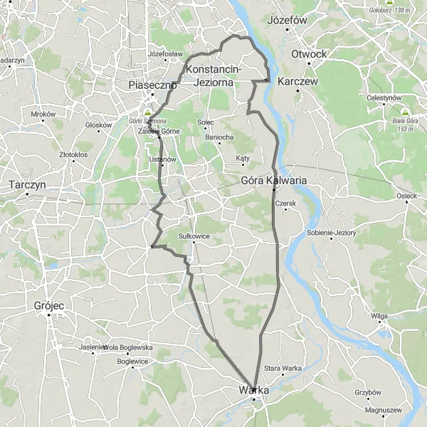 Map miniature of "Road Route from Warka to Magierowa Wola" cycling inspiration in Mazowiecki regionalny, Poland. Generated by Tarmacs.app cycling route planner