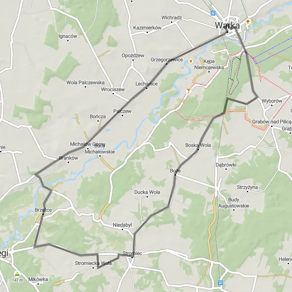 Map miniature of "Boska Wola and Stromiec Road Route" cycling inspiration in Mazowiecki regionalny, Poland. Generated by Tarmacs.app cycling route planner